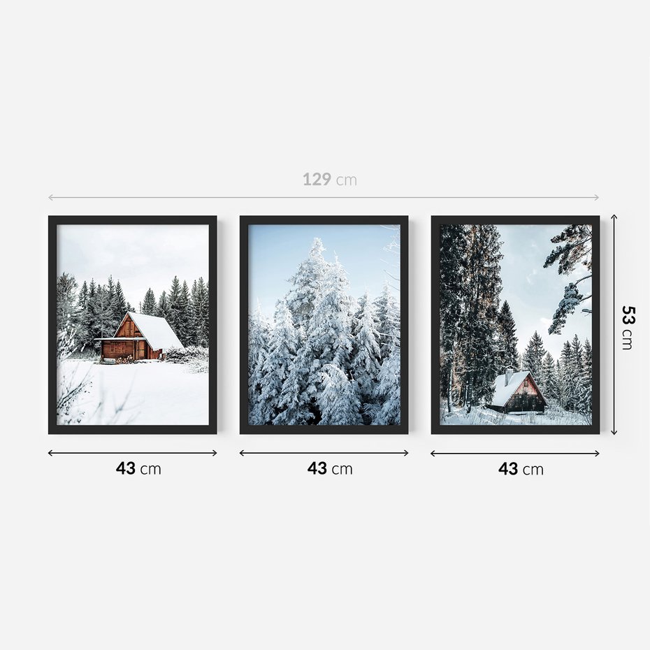 Zestaw obrazy w ramie 40x50 galeria - Las, zima, domki, śnieg - rama czarna