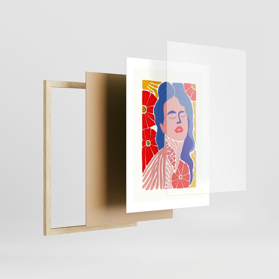 Plakat w ramie 30x40 - Nowoczesna Twarz - nowoczesna grafika, kolorowa twarz kobiety - rama drewno