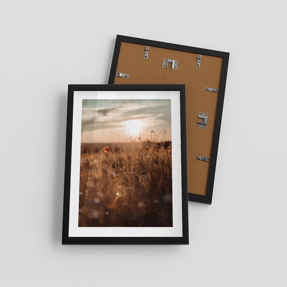 Plakat w ramie 30x40 - Zachwyt zachodem słońca na łące - zachód, słońca - rama czarna