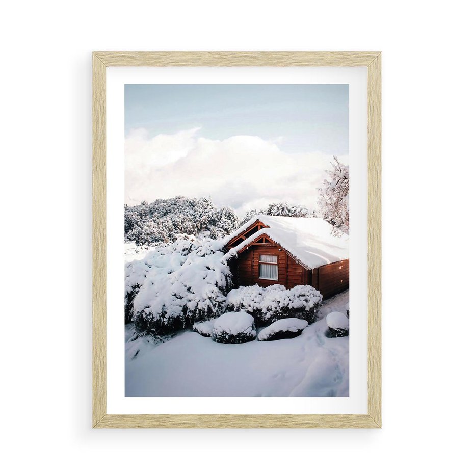 Plakat w ramie 50x70 - Zimowa Idylla w Górach - zima w górach, ośnieżone góry - rama drewno