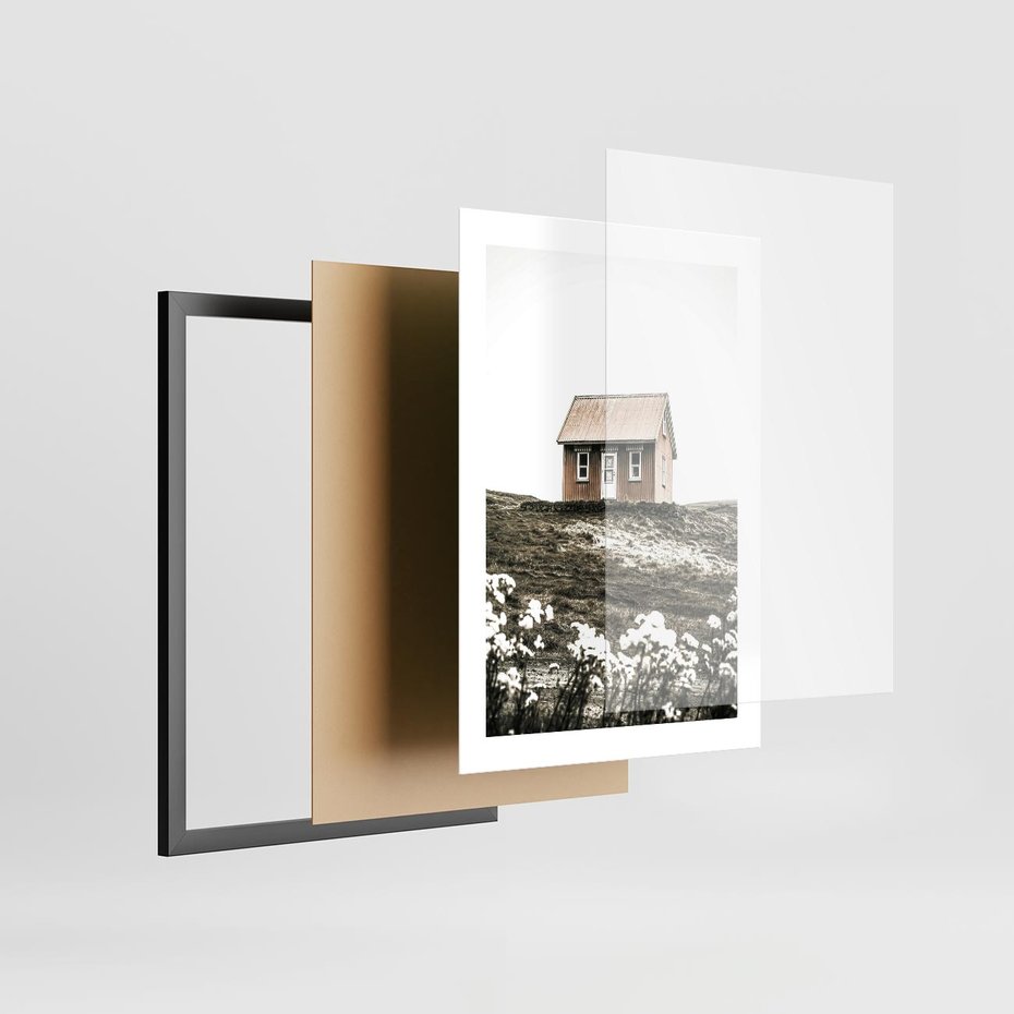 Plakat w ramie 30x40 - Krajobraz z Przeszłości: Kwitnąca Łąka w Sepii - domek na wzgórzu, kwitnąca łąka - rama czarna