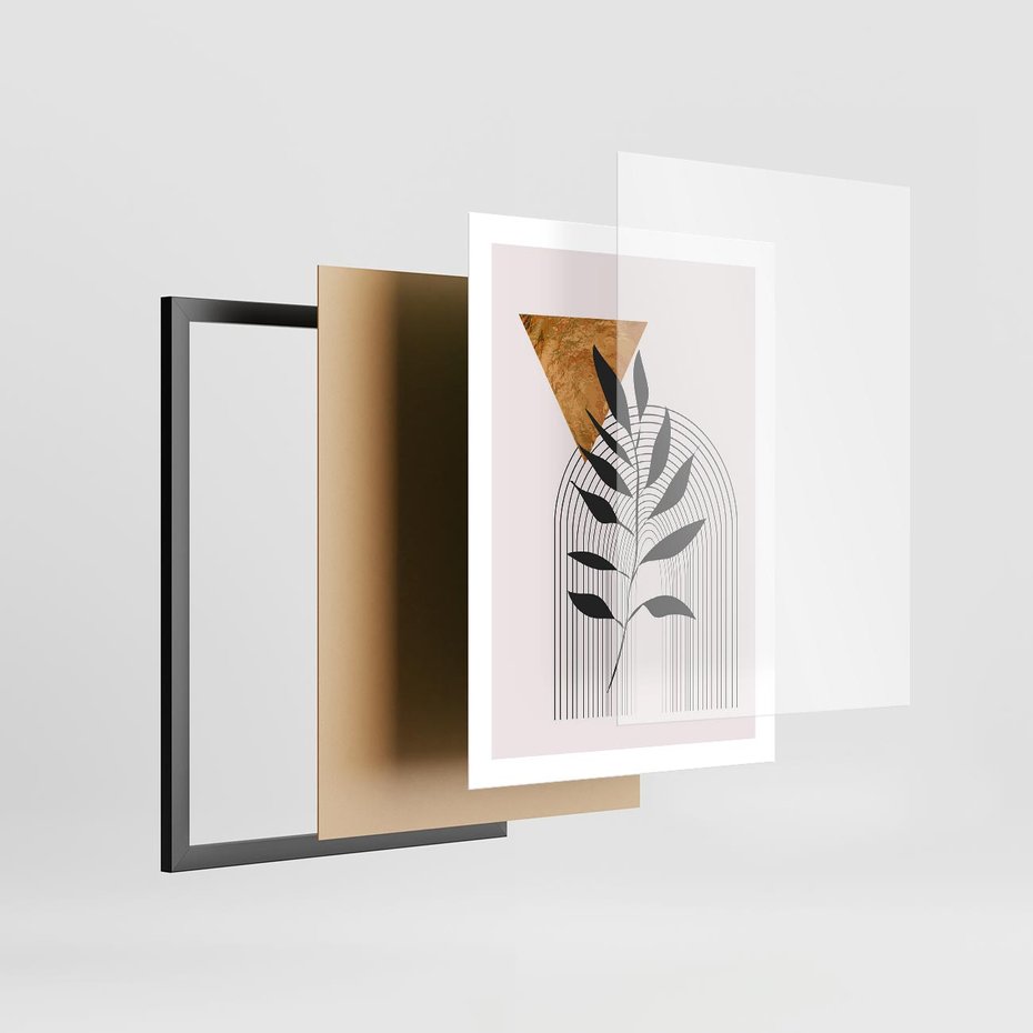 Plakat w ramie 50x70 - Geometria z Elementami Złota i Liści - grafika, złoto - rama czarna