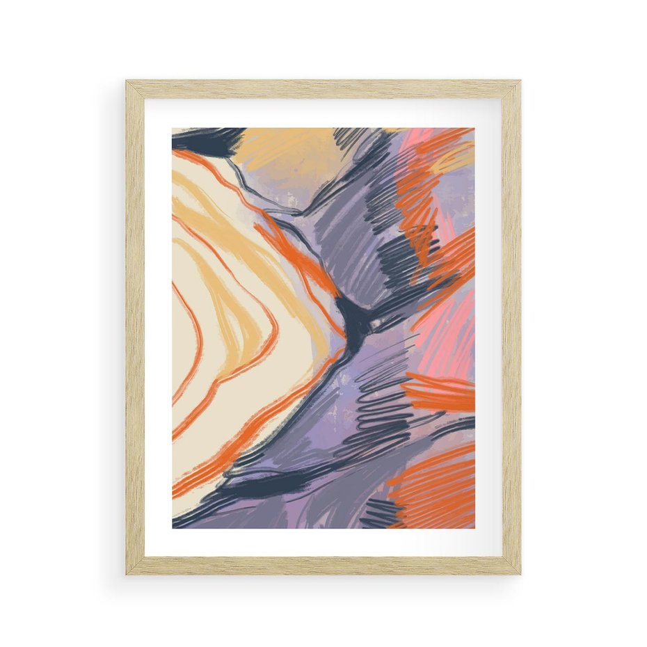 Plakat w ramie 40x50 - Pokreślony Świat - abstrakcyjne formy, odcienie pomarańczu i fioletu - rama drewno