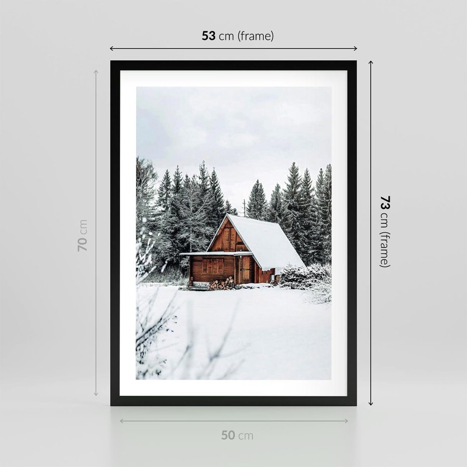 Plakat w ramie 50x70 - Ujęcie zimy w Górach - domek w górach w zimie, śnieg - rama czarna