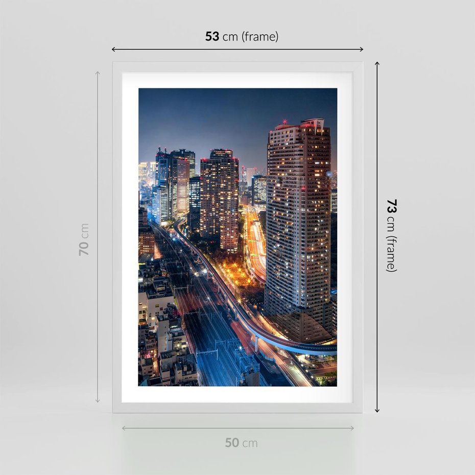 Plakat w ramie 50x70 - Miasto nocą z wieżowcami w tle - miasto, nocą - rama biała