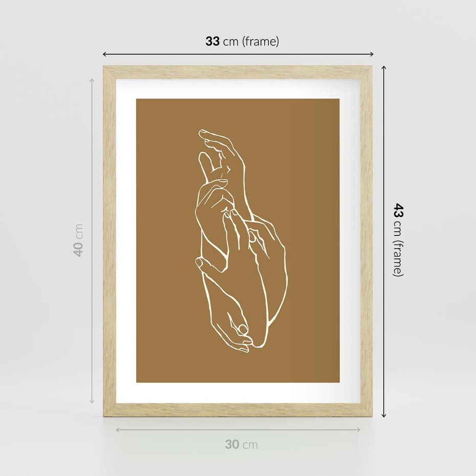 Plakat w ramie 30x40 - Splecione Dłonie - szkic, minimalizm - rama drewno