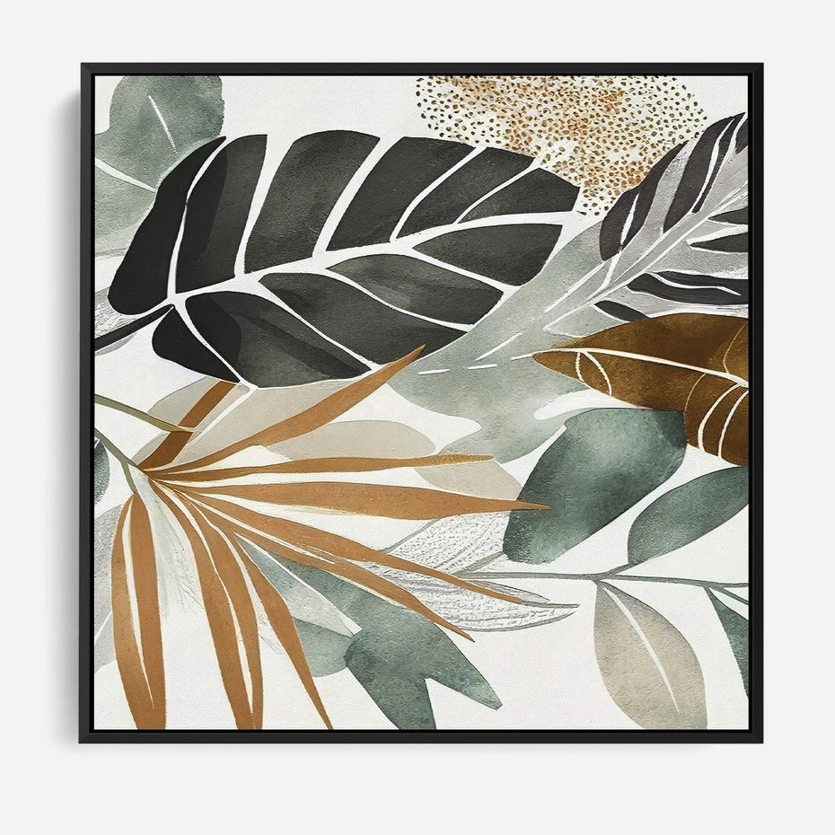 Obraz w ramie 50x50 - Współbrzmienie wewnętrznego ja - kompozycja z tropikalnych liści, stonowane kolory - rama czarna