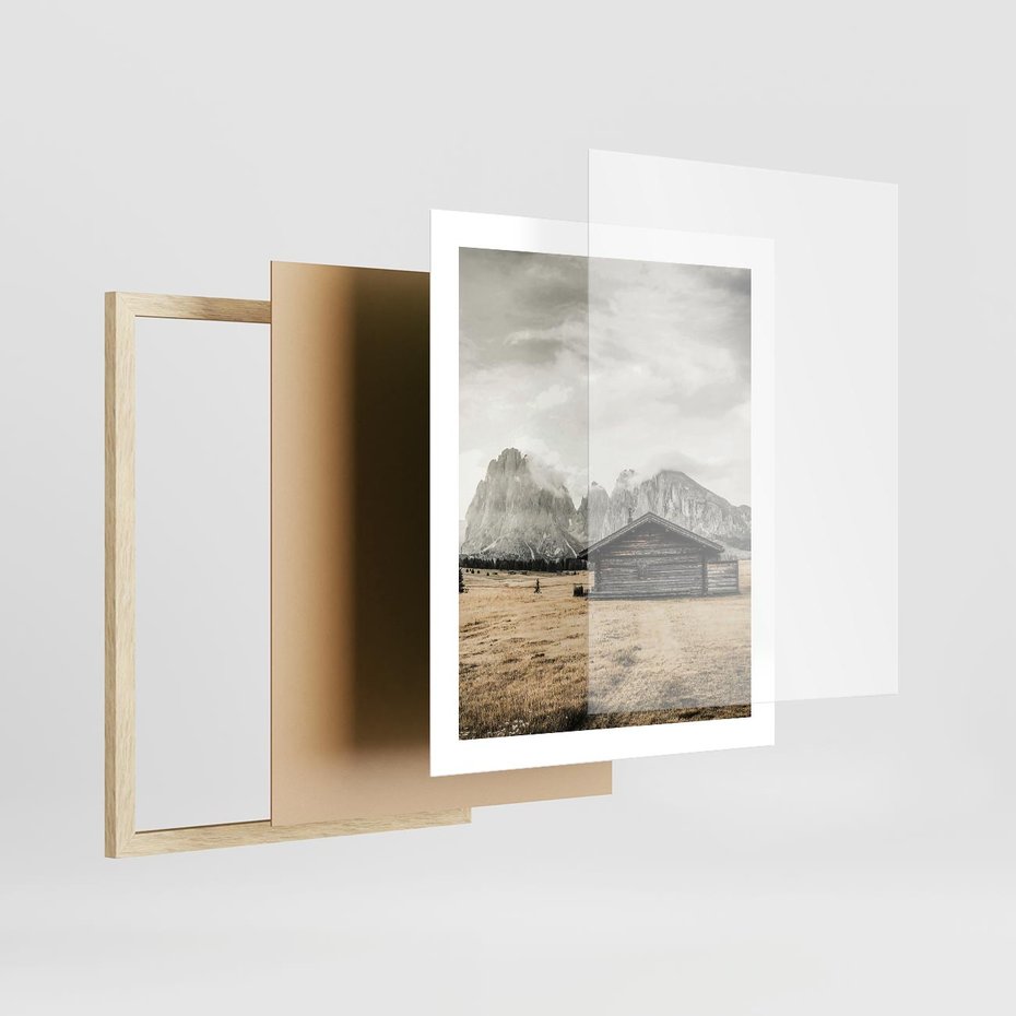 Plakat w ramie 40x50 - Surowa Przestrzeń i Górski Ustronny Azyl - chatka w górach, góry - rama drewno