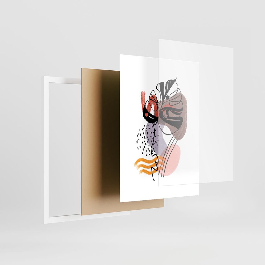 Plakat w ramie 30x40 - Wibracje Abstrakcyjnych Form - abstrakcyjna sztuka, liść monstery - rama biała