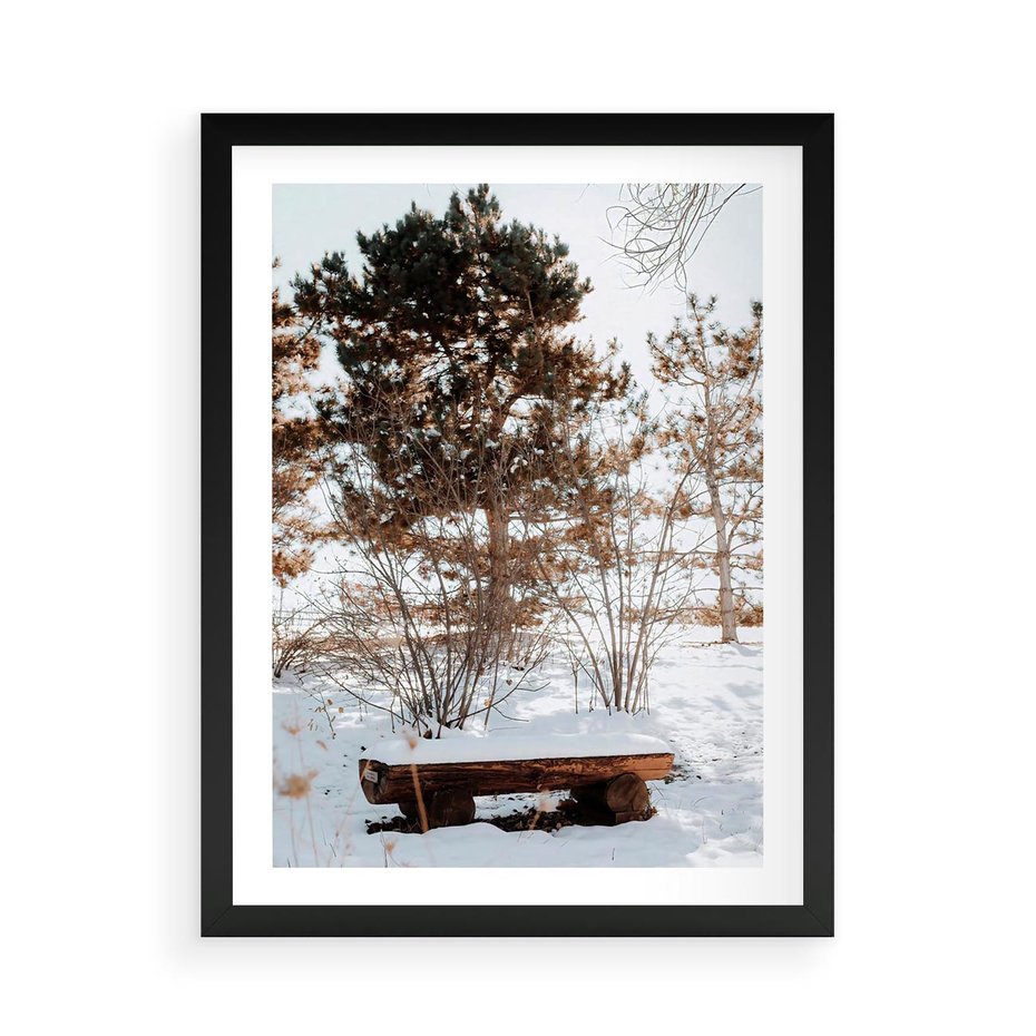Plakat w ramie 50x70 - Ławka Pod Śniegiem - zimowy pejzaż, ławka pod śniegiem - rama czarna