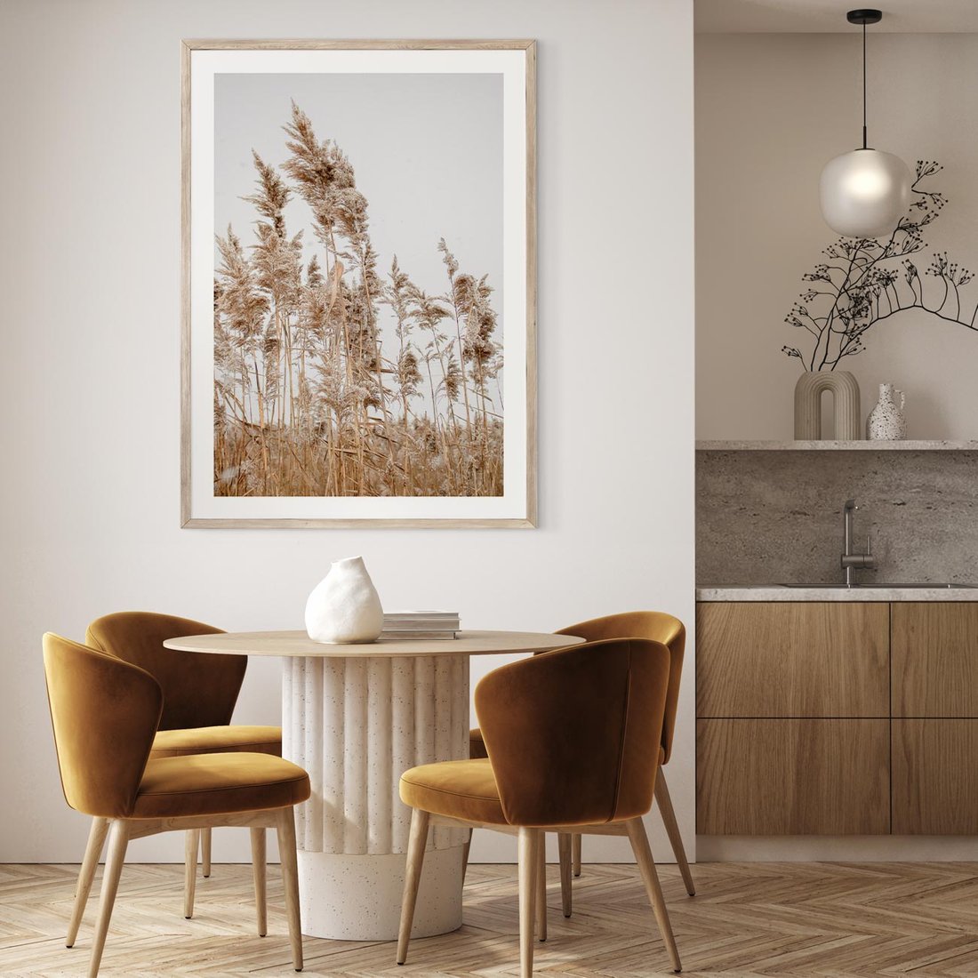 Plakat w ramie 30x40 - Boho Urok - trawy, pampas - rama drewno