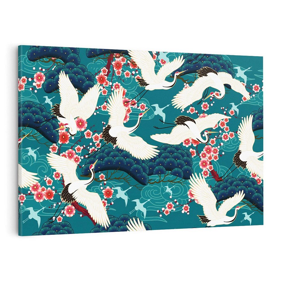 Obraz na płótnie 120x80 - Żurawie Wachlarze - orientalne japońskie żurawie, grafika