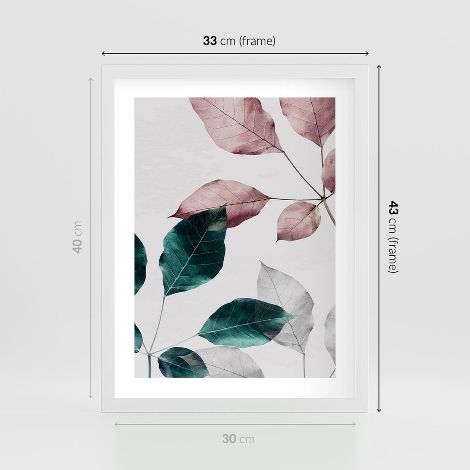 Plakat w ramie 30x40 - Pastelowe Liście w Minimalizmie - pastelowe liście, minimalistyczny obraz - rama biała
