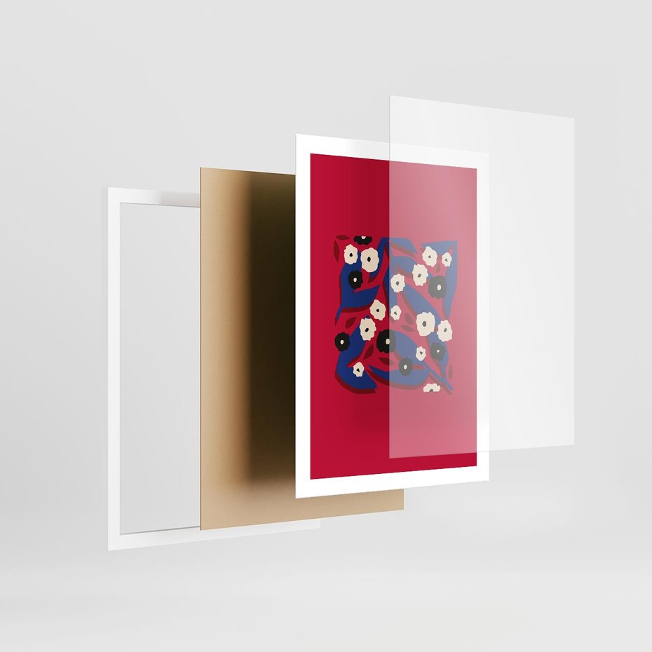 Plakat w ramie 50x70 - Kolorowe Przenikanie - abstrakcyjna kwiatowa kompozycja, czerwone mocne tło - rama biała