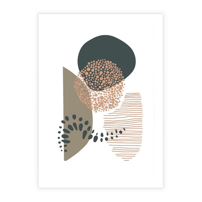 Plakat bez ramy 21x30 - Harmonia Akwarelowych Przestrzeni - abstrakcyjna kompozycja z kropek kresek i kółek, odcienie brązu i beżu