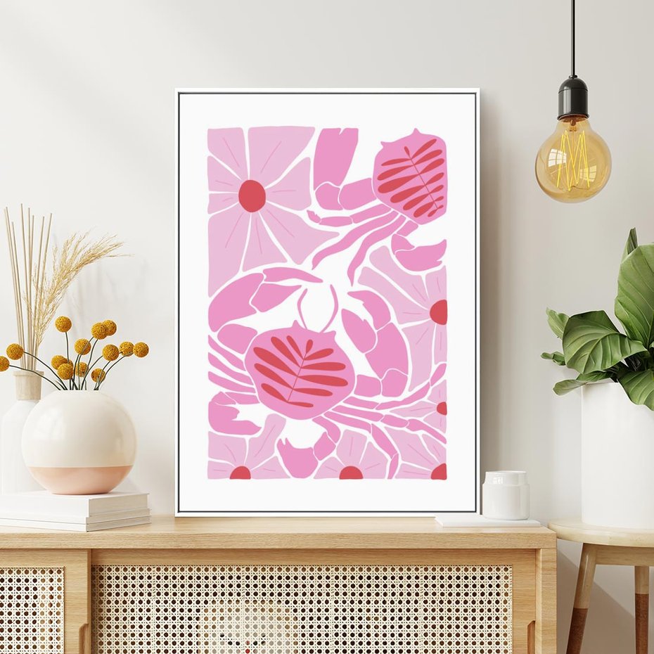Obraz w ramie 50x70 - Roztańczone Kraby - różowe kwiaty i kraby, abstrakcyjna kompozycja - rama biała