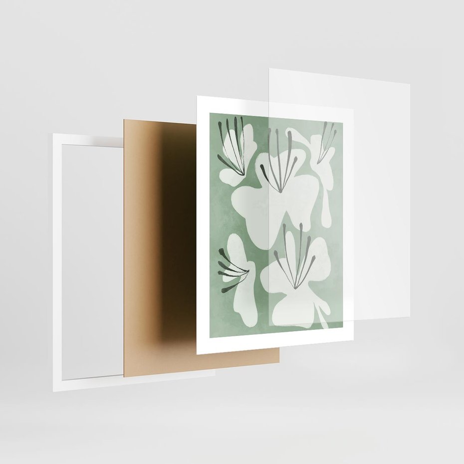 Plakat w ramie 40x50 - Rozkwitające Ukojenie - zgaszona zieleń, kwiaty - rama biała