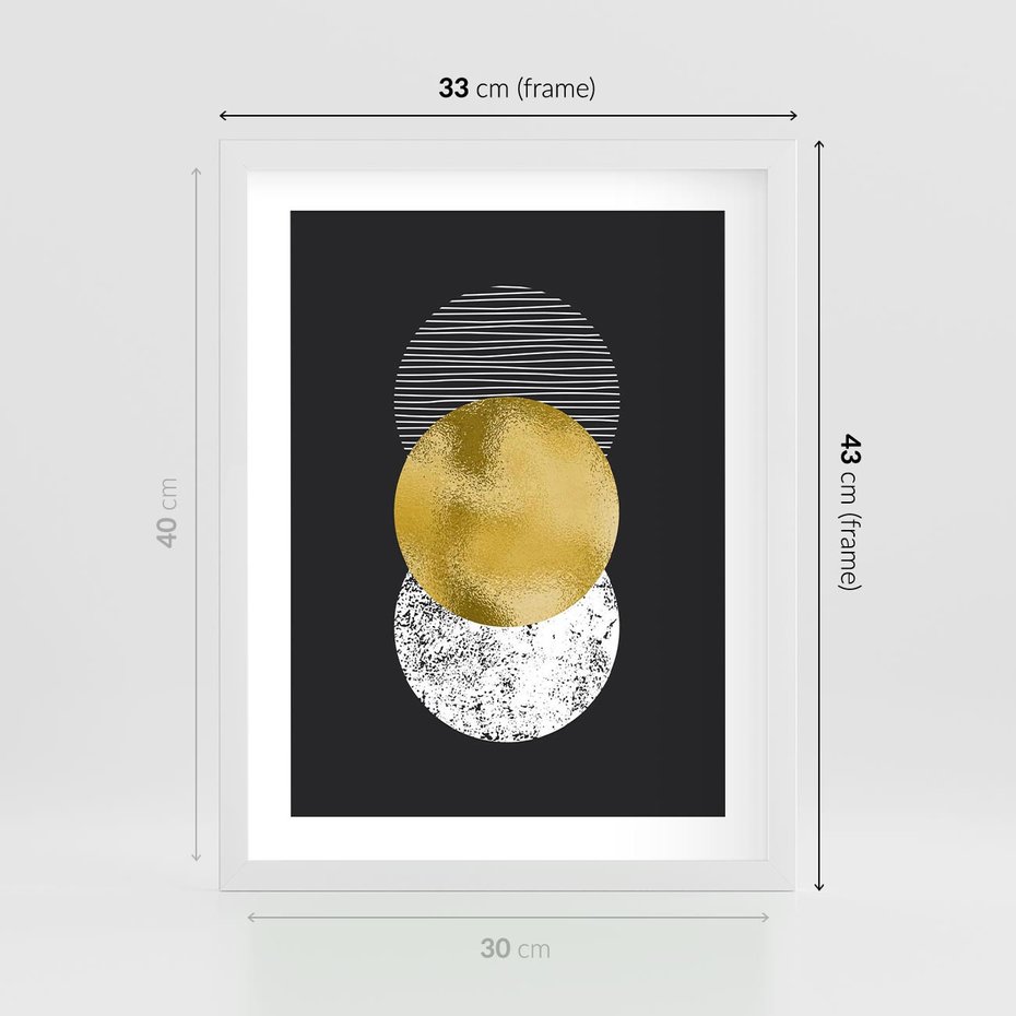 Plakat w ramie 30x40 - Geometryczna Perfekcja: Złote Koło - geometryczna grafika, złote koło - rama biała