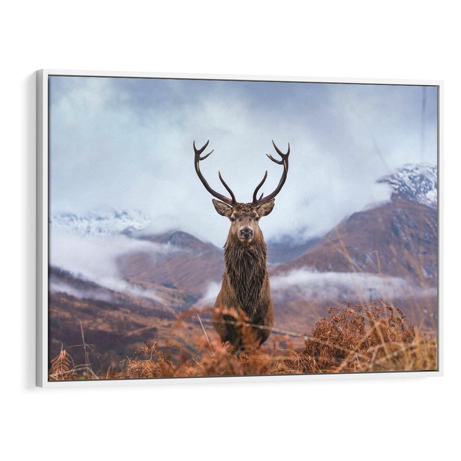 Obraz w ramie 120x80 - Jeleń w Uśpionym Krajobrazie - jeleń na tle gór, ośnieżone góry - rama biała