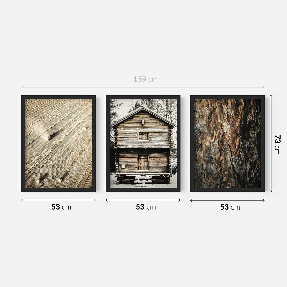 Zestaw obrazy w ramie 50x70 galeria - Górska, chatka, drewno, przytulnie - rama czarna
