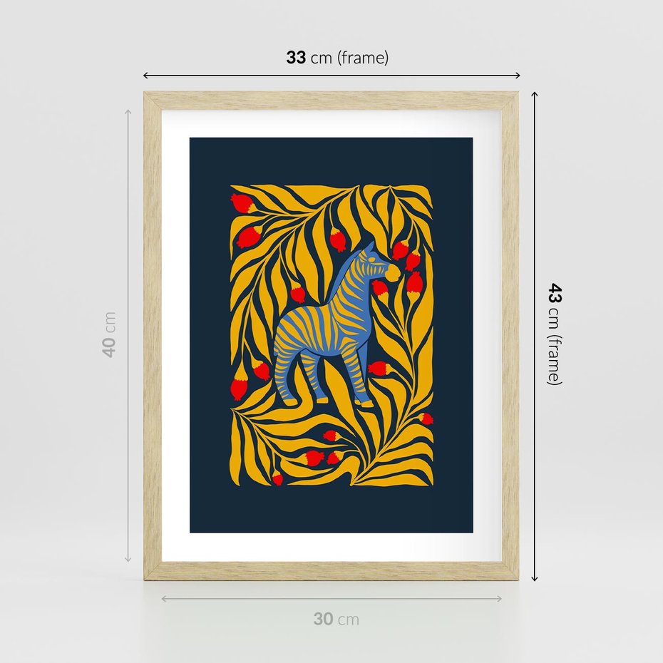 Plakat w ramie 30x40 - Wibracje Wyobraźni - zebra, granatowe tłó - rama drewno