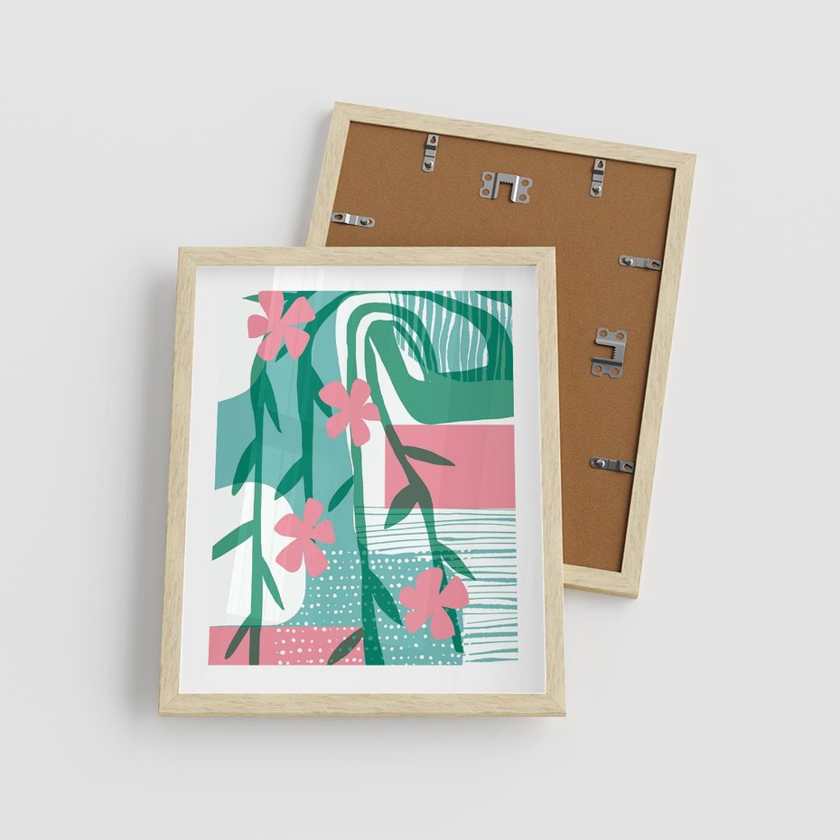 Plakat w ramie 40x50 - Rozkwitające Harmonie Form - abstrakcyjne pastelowe kwiaty, nowoczesna sztuka - rama drewno
