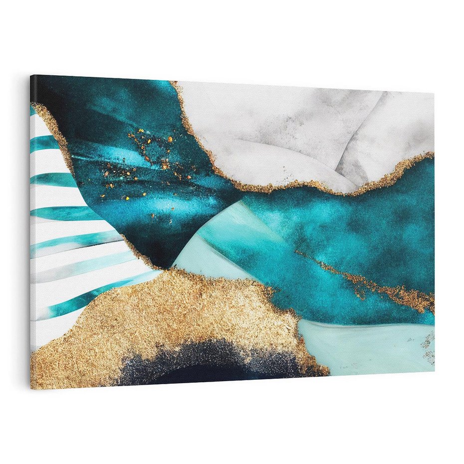 Obraz na płótnie 100x70 - Rozlane Turkusy - Turkusowe plamy, złote elementy