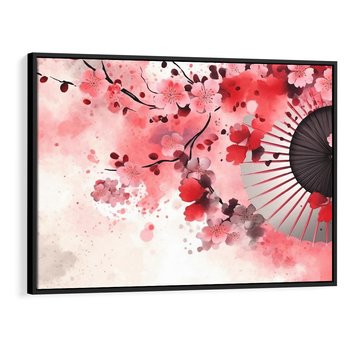 Obraz w ramie 70x50 - Szept Kwitnącej Wiśni - japoński parasol, liście - rama czarna