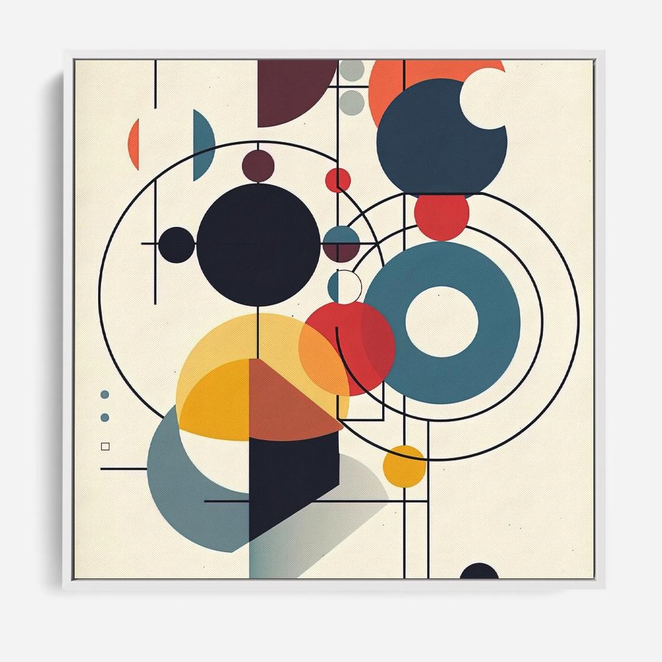 Obraz w ramie 80x80 - Rozbijające Barwne Granice - abstrakcyjna geometryczna kompozycja, koła linie - rama biała