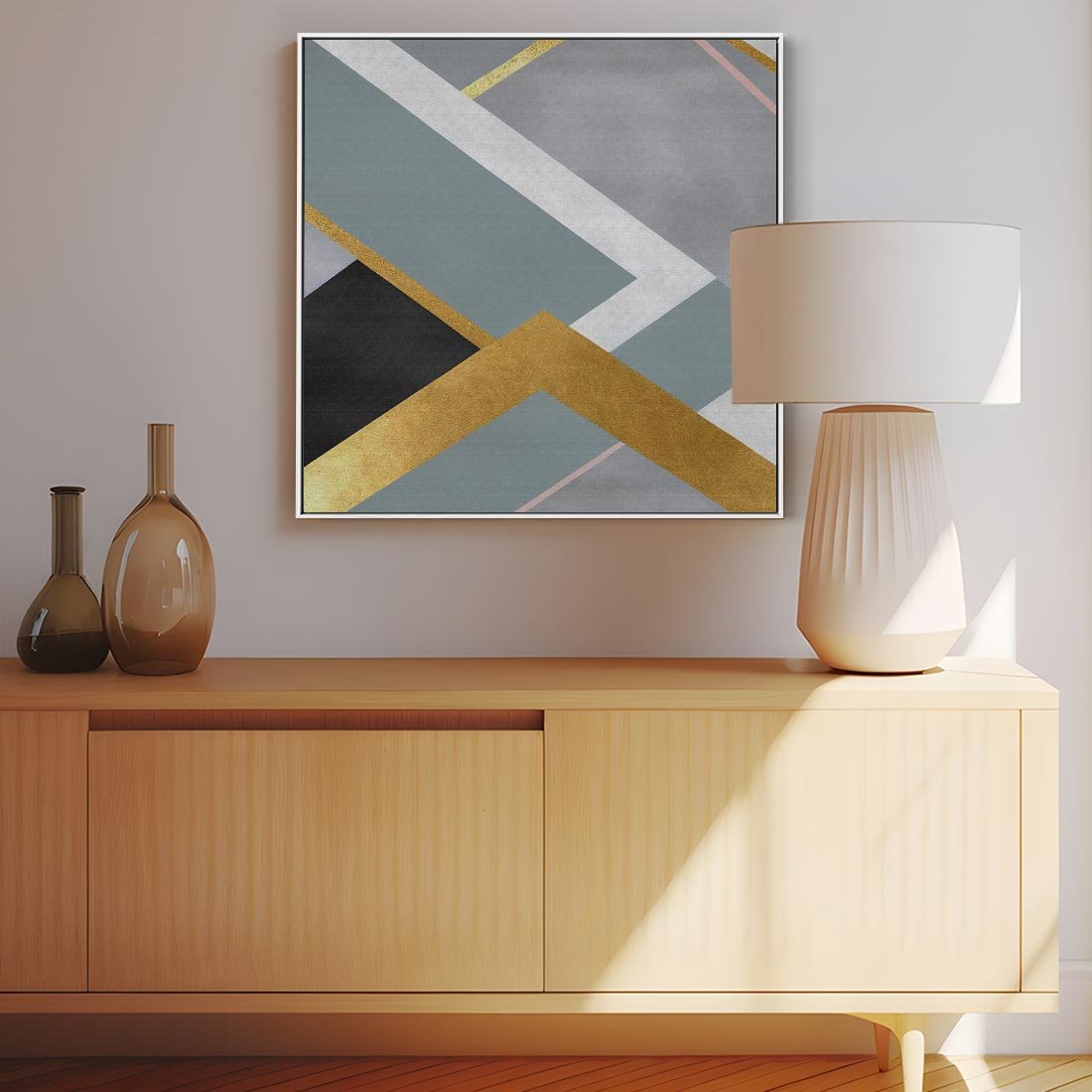 Obraz w ramie 50x50 - Geometryczne Elementy - geometryczne kształty, elementy złota - rama biała