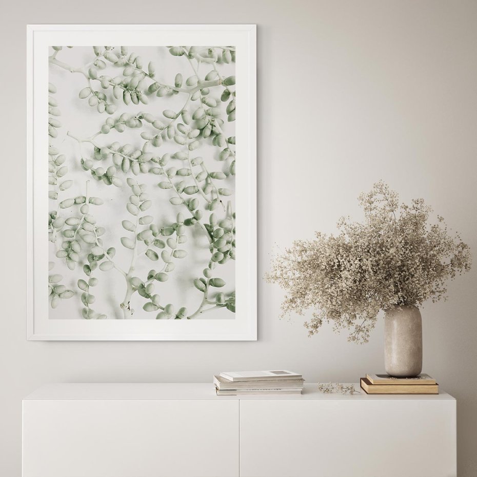 Plakat w ramie 30x40 - Delikatność Zieleni - zielone gałązki, listki - rama biała