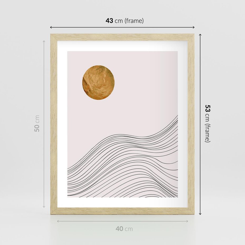 Plakat w ramie 40x50 - Minimalistyczne Słońce: Blask i Złoto - grafika, minimalizm - rama drewno