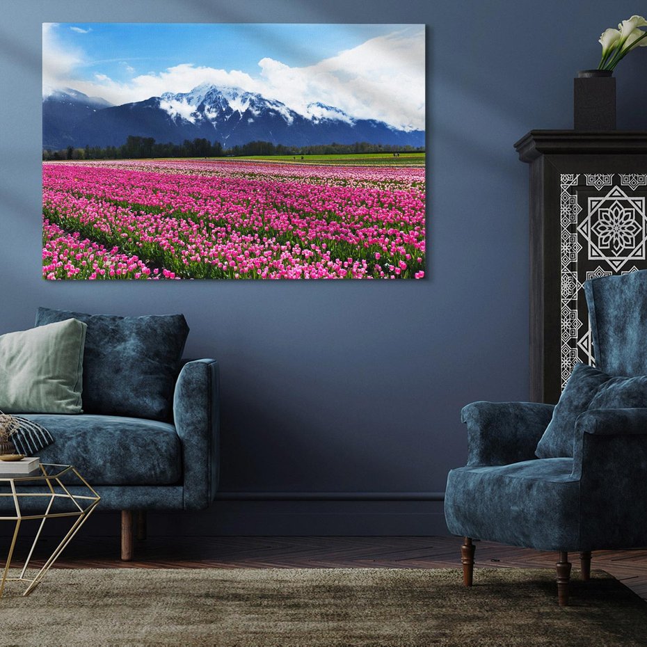 Obraz na płótnie 100x70 - Tulipany w malowniczym krajobrazie" - tulipany, krajobraz