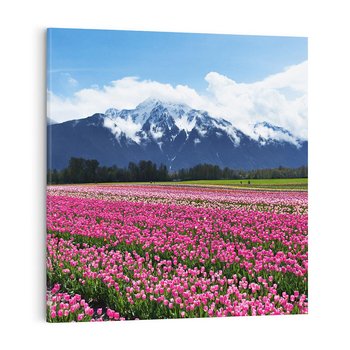 Obraz na płótnie 50x50 - Tulipany w malowniczym krajobrazie" - tulipany, krajobraz