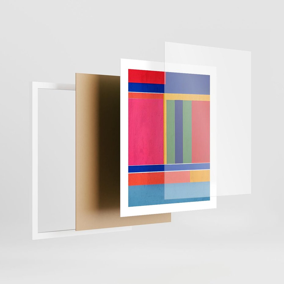 Plakat w ramie 40x50 - Wnętrza Rozplątanych Barw - abstrakcyjny geometryczny obraz olejny, kolorowe pasy - rama biała