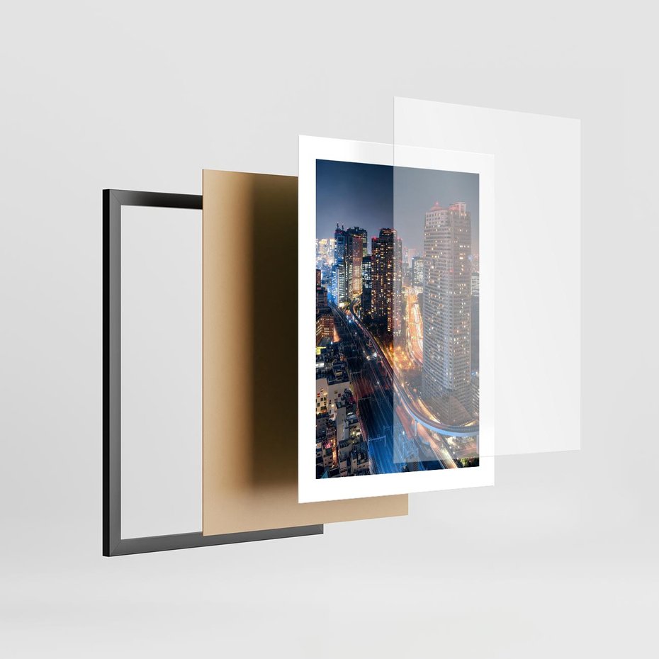 Plakat w ramie 30x40 - Miasto nocą z wieżowcami w tle - miasto, nocą - rama czarna
