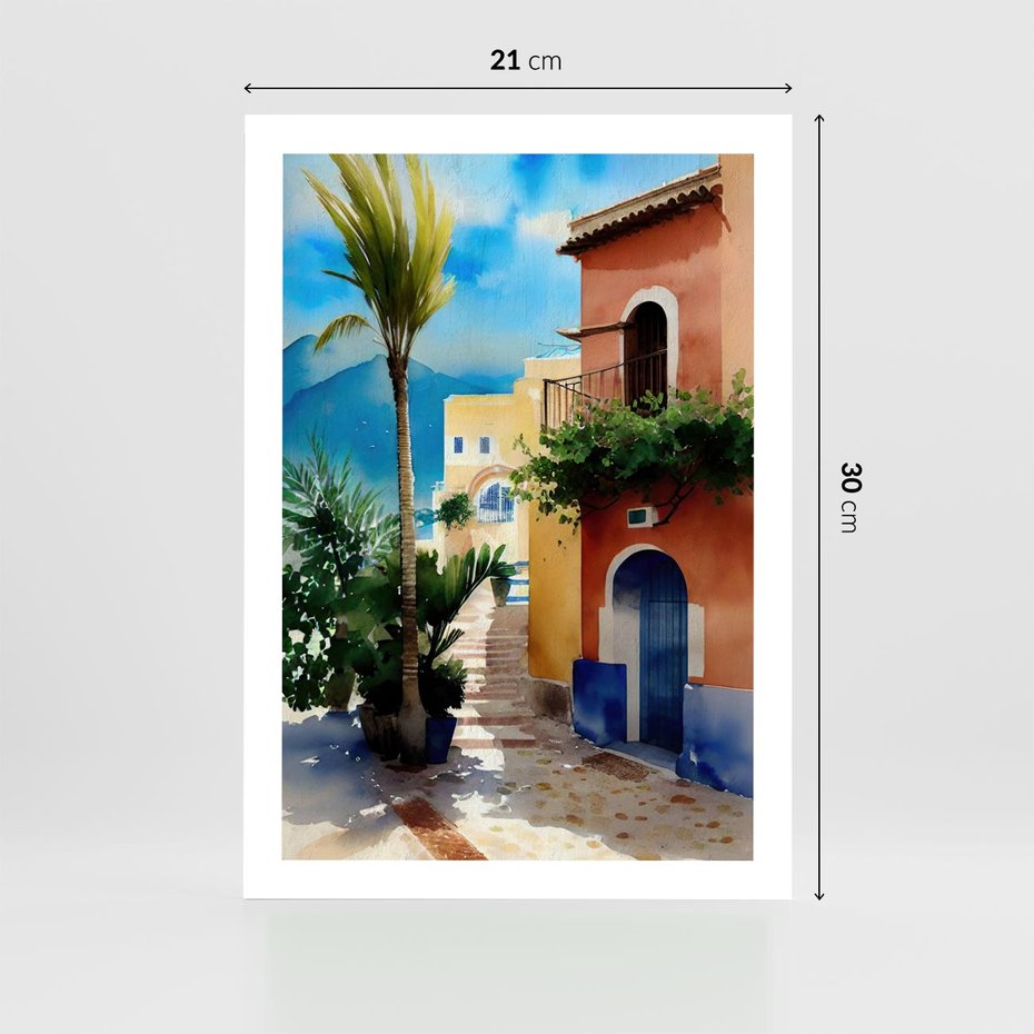 Plakat bez ramy 21x30 - Spokój Miasta nad Morzem - akwarela, sródziemnomorski klimat