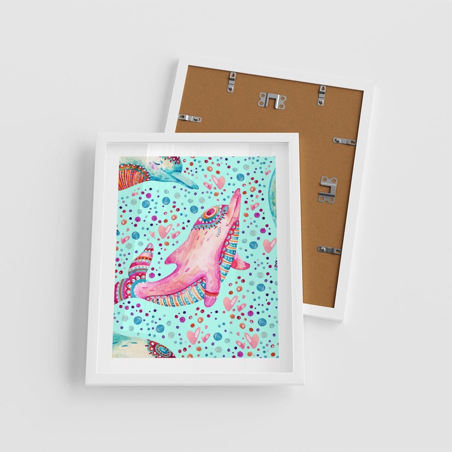 Plakat w ramie 40x50 - Lekkość W Ruchu - delfin, akwarela - rama biała