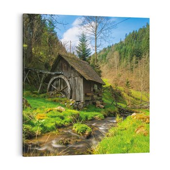 Obraz na płótnie 60x60 - Urok górskiego domku nad strumykiem - domek, góry