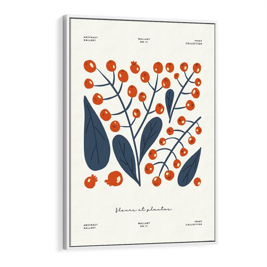 Obraz w ramie 50x70 - Minimalistyczna Uroda Jarzębin - jarzębiny, niebieskie liście - rama biała