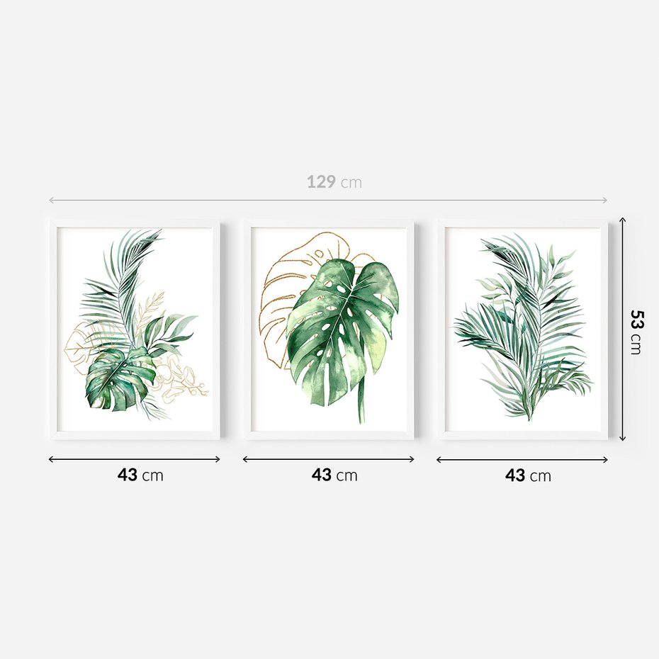 Zestaw obrazy w ramie 40x50 galeria - Liście, monstera, palma, złote, akwarela - rama biała