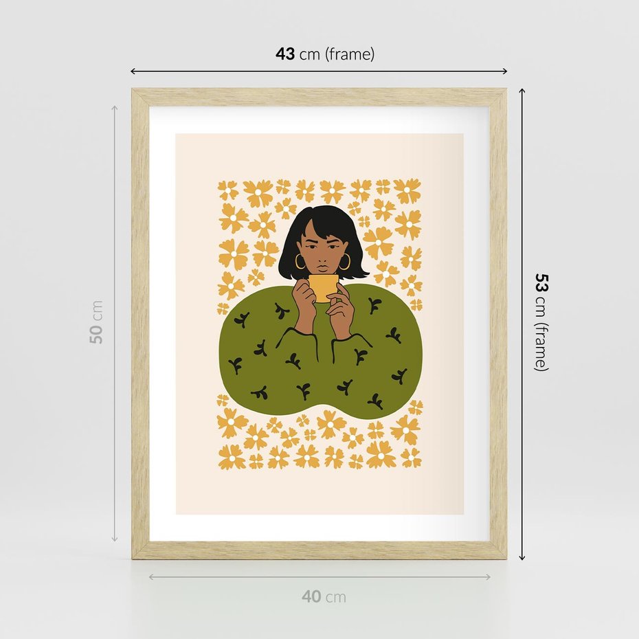 Plakat w ramie 40x50 - Wewnętrzne Fale - nowoczesny plakat, kobieta otoczona liśćmi - rama drewno