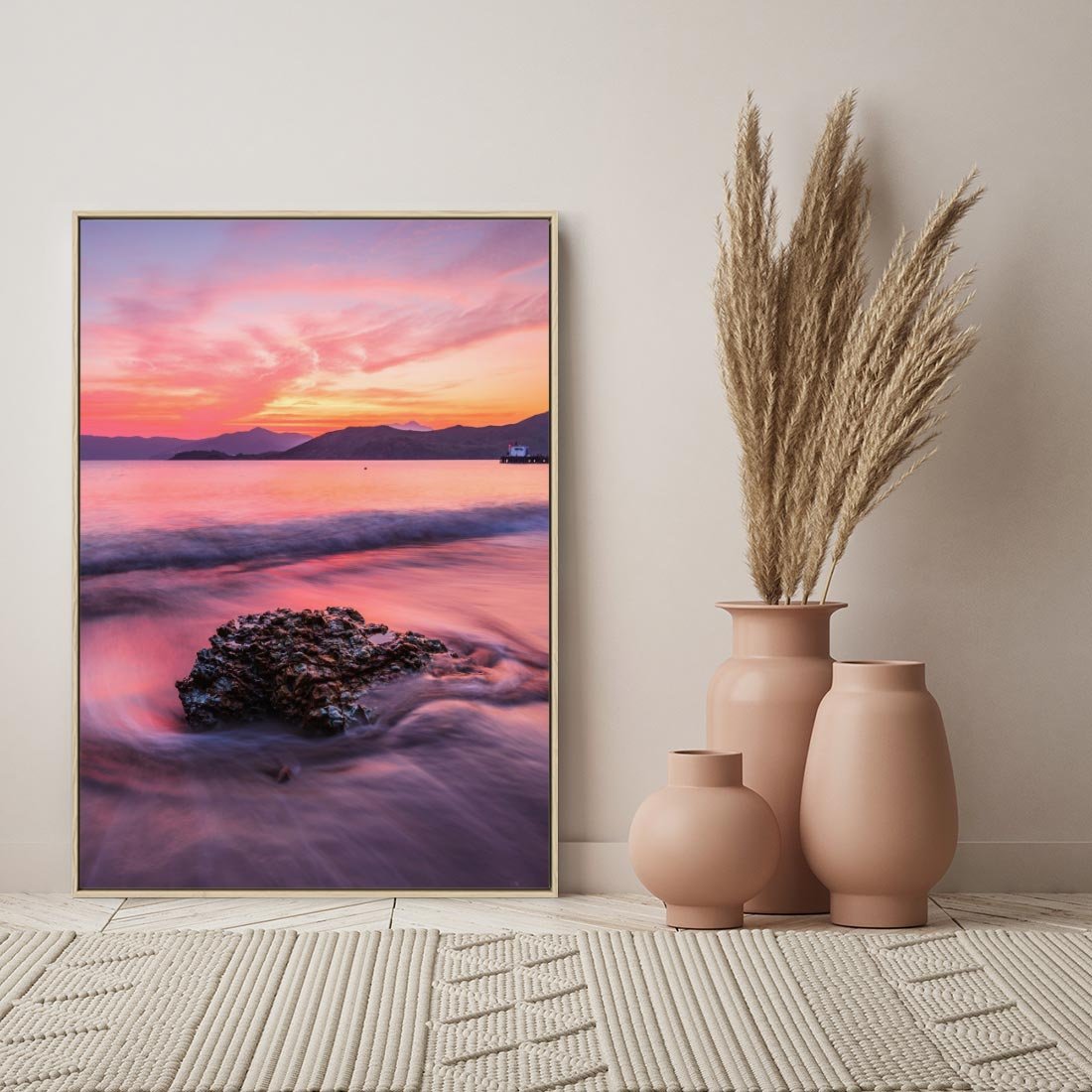 Obraz w ramie 80x120 - Zaklęty Zachód - magiczny zachód słońca, fioletowe - rama drewno
