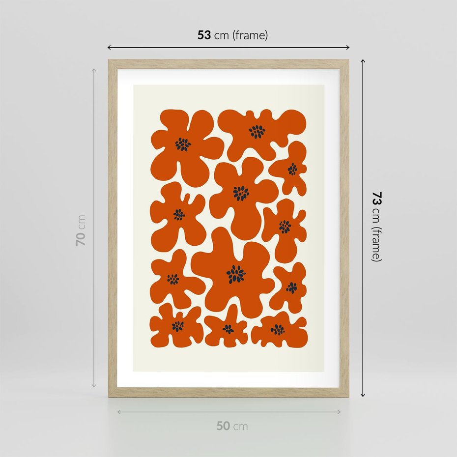 Plakat w ramie 50x70 - Wibracje Przestrzeni - abstrakcyjne czerwone kwiaty, kompozycja - rama drewno