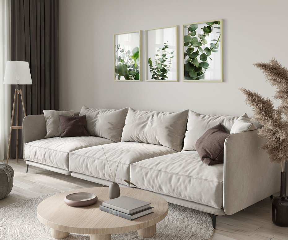 Zestaw obrazy w ramie 30x40 galeria - Eukaliptus, zielone, liście, minimalizm - rama drewno