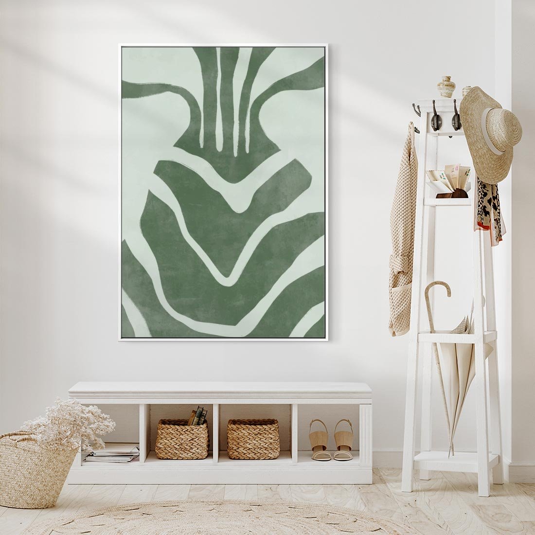 Obraz w ramie 50x70 - Zieleń Odpoczynku - zielony plakat, nieregularne splątane linie - rama biała