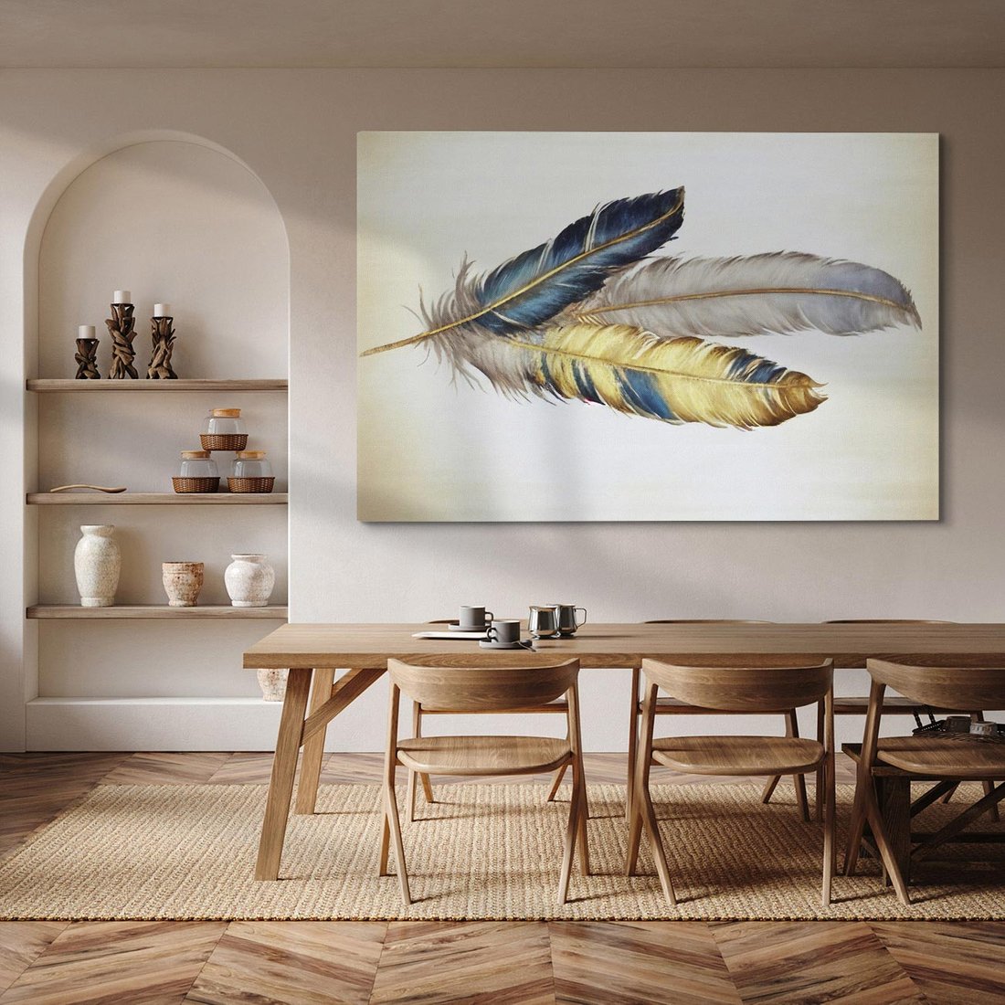 Obraz na płótnie 70x50 - Granatowo-Złote Pióra - sztuka, granatowe i złote pióra