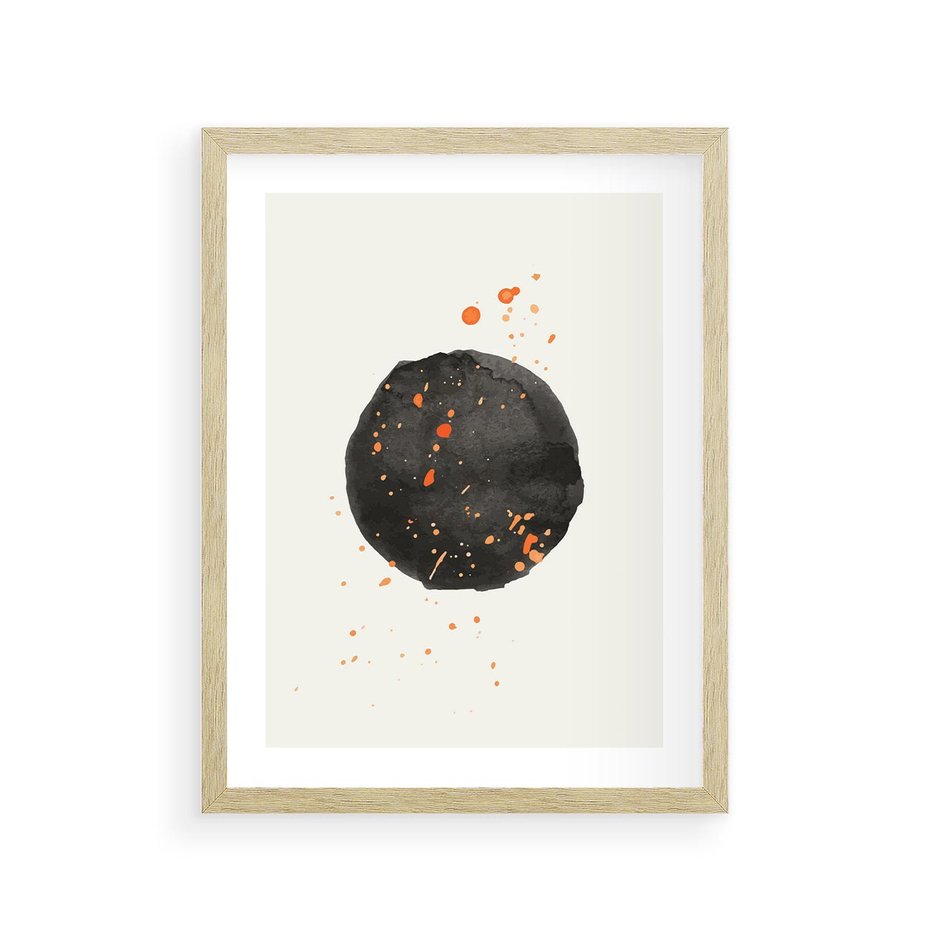 Plakat w ramie 30x40 - Wibracje Kolorów - abstrakcyjna czarna plama, rozsiane pomarańczowe kropki - rama drewno