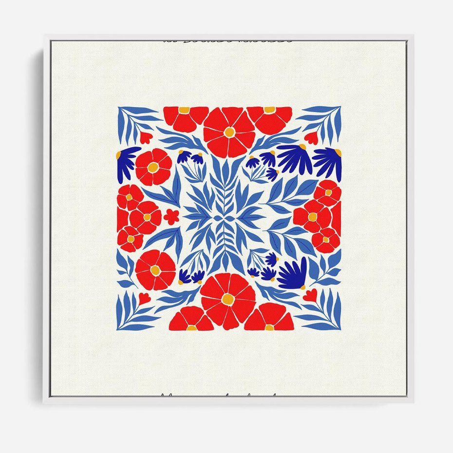 Obraz w ramie 50x50 - Tajemnicza Droga - nowoczesna kwiatowa kompozycja, czerwony i niebieski - rama biała