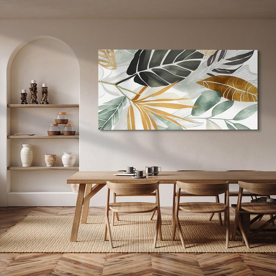 Obraz na płótnie 120x60 - Współbrzmienie wewnętrznego ja - kompozycja z tropikalnych liści, stonowane kolory